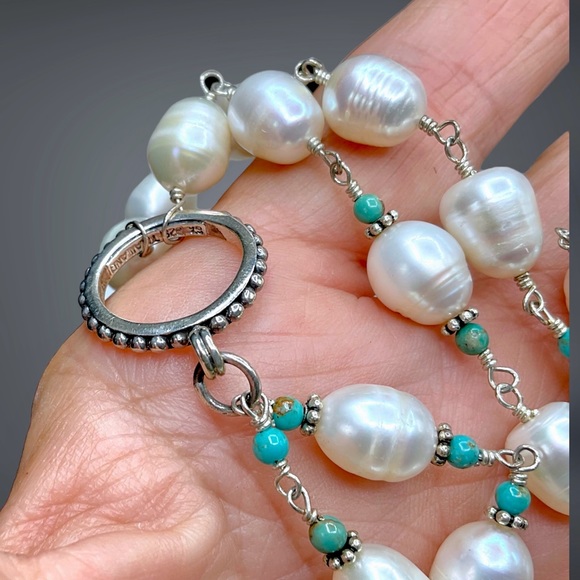 🌺Gorgeous Sterling, Genuine Pearl & Turquoise Necklace - Picture 12 of 14